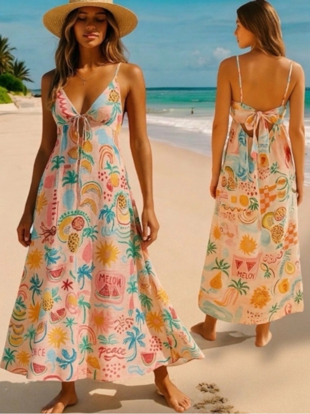 Anthropologie Paper Heart Tropical Fruit Peach Blue Maxi Dress Linen Blend NWT M - Picture 2 of 6